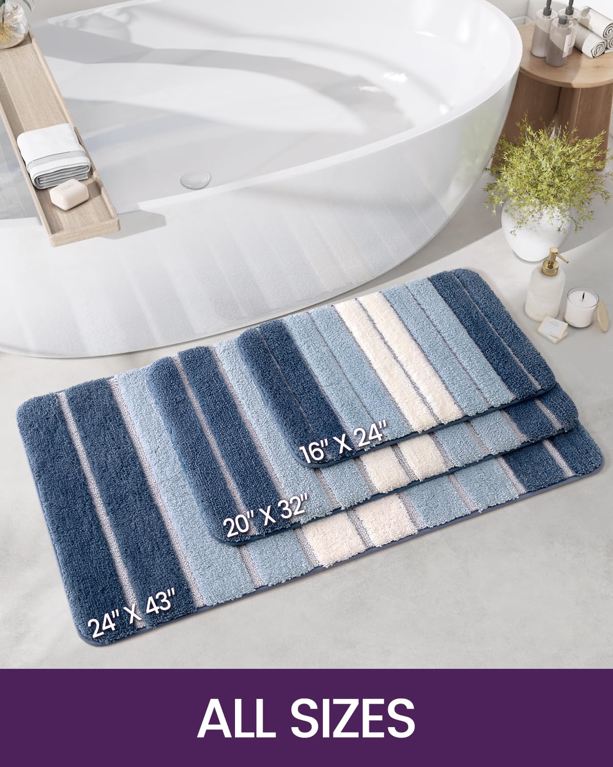 Dexi Bath Mat Bathroom Rug Absorbent Non-Slip Washable Shower Floor Mats Small Carpet 24''X43'', Blue